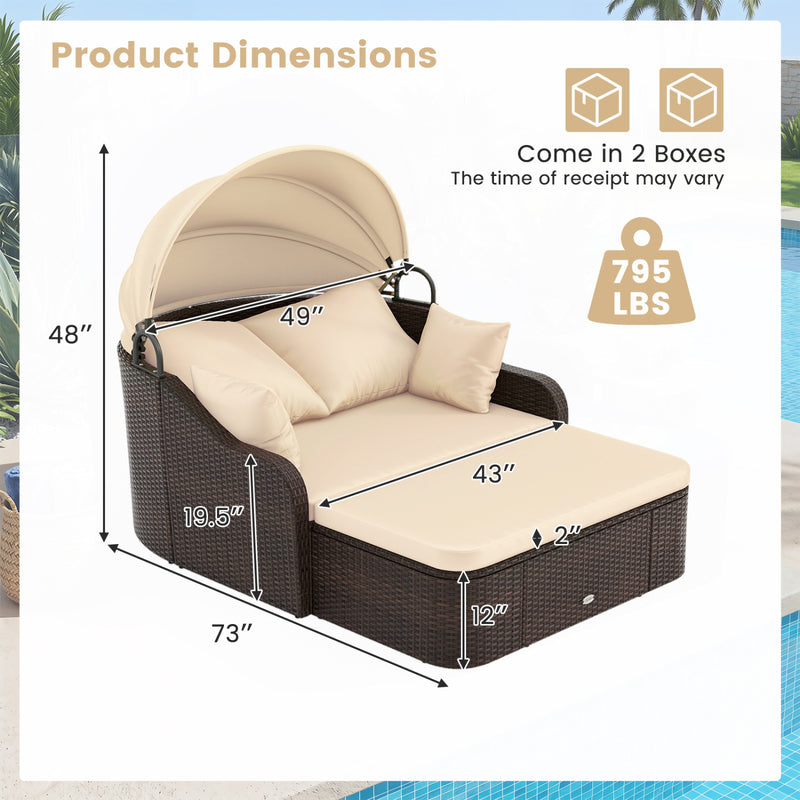 Costway - Patio PE Rattan Daybed with Retractable Canopy and Soft Cushions-Beige