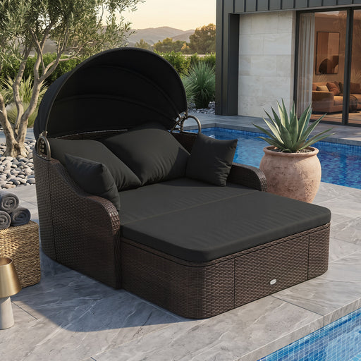 Costway - Patio PE Rattan Daybed with Retractable Canopy and Soft Cushions-Black