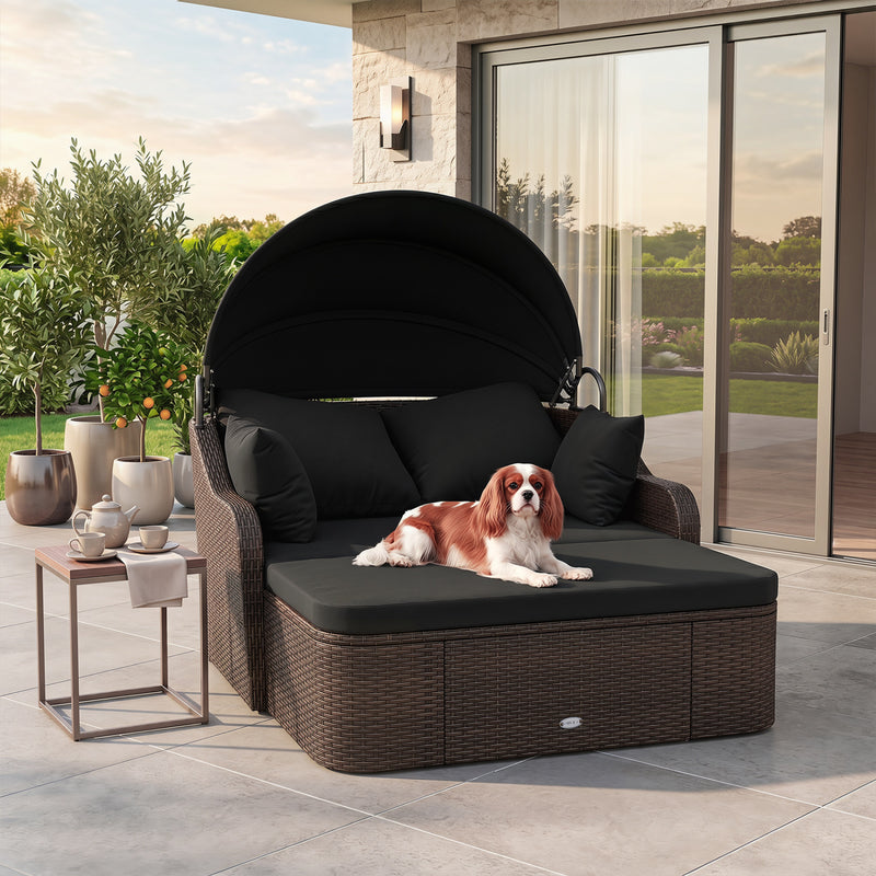 Costway - Patio PE Rattan Daybed with Retractable Canopy and Soft Cushions-Black