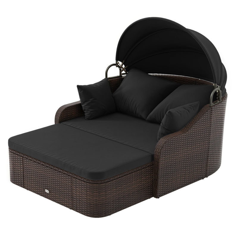 Costway - Patio PE Rattan Daybed with Retractable Canopy and Soft Cushions-Black