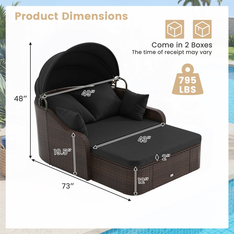 Costway - Patio PE Rattan Daybed with Retractable Canopy and Soft Cushions-Black