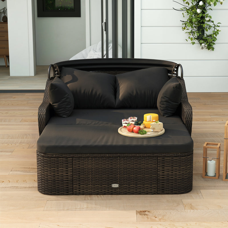Costway - Patio PE Rattan Daybed with Retractable Canopy and Soft Cushions-Black