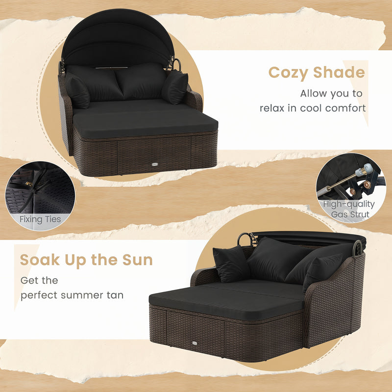 Costway - Patio PE Rattan Daybed with Retractable Canopy and Soft Cushions-Black