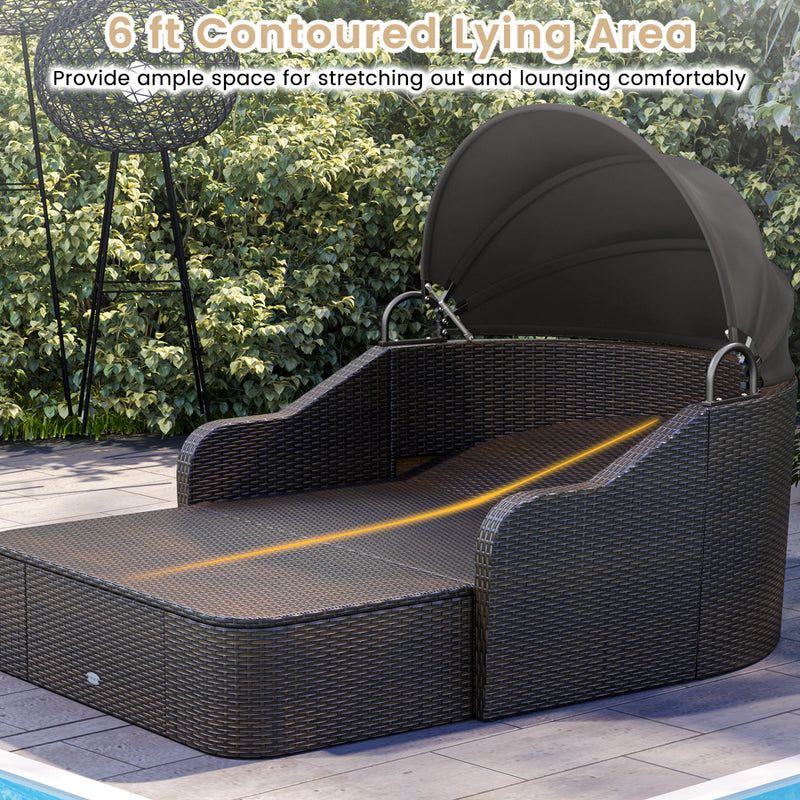 Costway - Patio PE Rattan Daybed with Retractable Canopy and Soft Cushions-Black