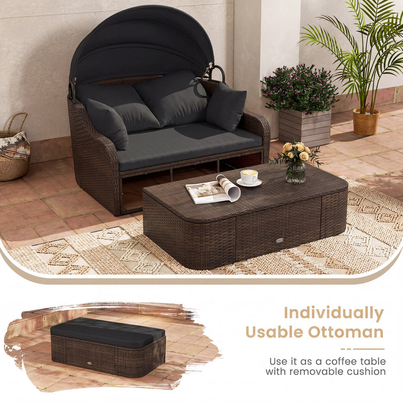 Costway - Patio PE Rattan Daybed with Retractable Canopy and Soft Cushions-Black