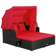 Costway - Patio Rattan Daybed with Retractable Canopy and Side Tables-Red
