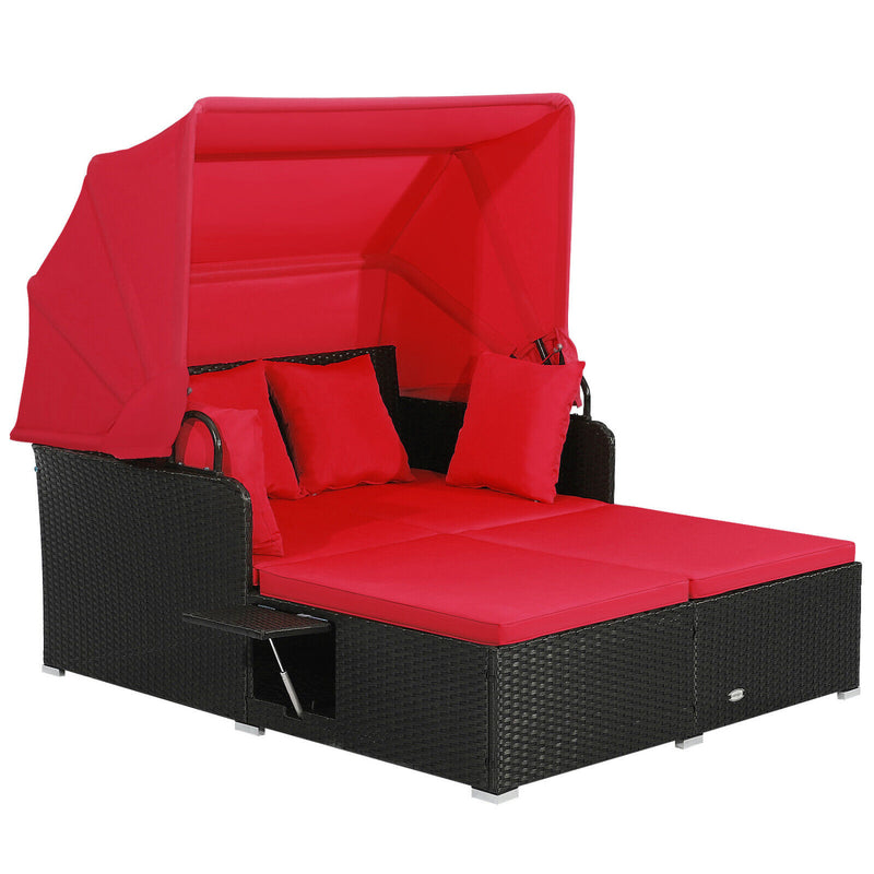 Costway - Patio Rattan Daybed with Retractable Canopy and Side Tables-Red