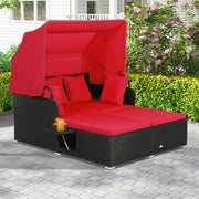 Costway - Patio Rattan Daybed with Retractable Canopy and Side Tables-Red