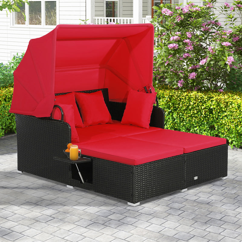 Costway - Patio Rattan Daybed with Retractable Canopy and Side Tables-Red