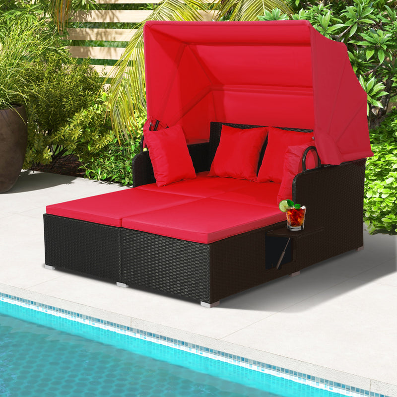 Costway - Patio Rattan Daybed with Retractable Canopy and Side Tables-Red