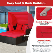 Costway - Patio Rattan Daybed with Retractable Canopy and Side Tables-Red
