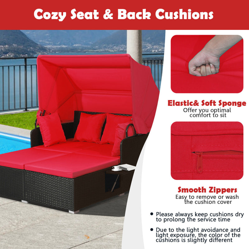 Costway - Patio Rattan Daybed with Retractable Canopy and Side Tables-Red