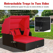 Costway - Patio Rattan Daybed with Retractable Canopy and Side Tables-Red