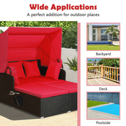 Costway - Patio Rattan Daybed with Retractable Canopy and Side Tables-Red