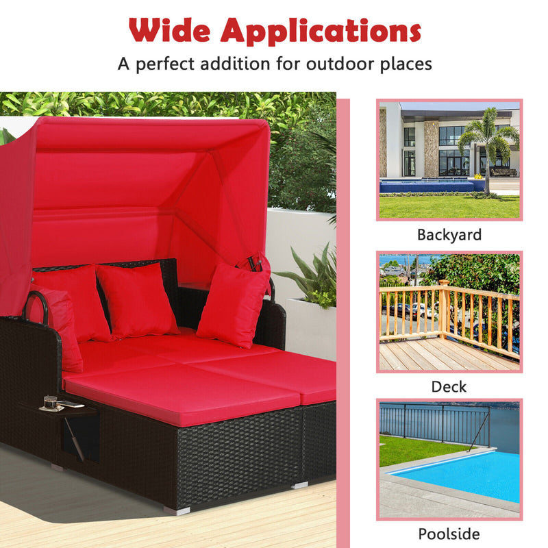 Costway - Patio Rattan Daybed with Retractable Canopy and Side Tables-Red