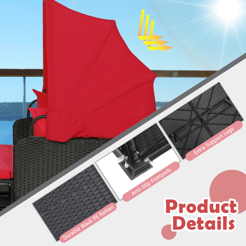 Costway - Patio Rattan Daybed with Retractable Canopy and Side Tables-Red