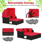 Costway - Patio Rattan Daybed with Retractable Canopy and Side Tables-Red