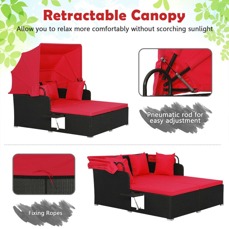 Costway - Patio Rattan Daybed with Retractable Canopy and Side Tables-Red