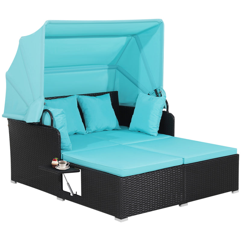Costway - Patio Rattan Daybed with Retractable Canopy and Side Tables-Turquoise
