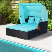Costway - Patio Rattan Daybed with Retractable Canopy and Side Tables-Turquoise