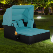 Costway - Patio Rattan Daybed with Retractable Canopy and Side Tables-Turquoise