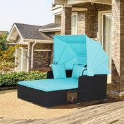 Costway - Patio Rattan Daybed with Retractable Canopy and Side Tables-Turquoise