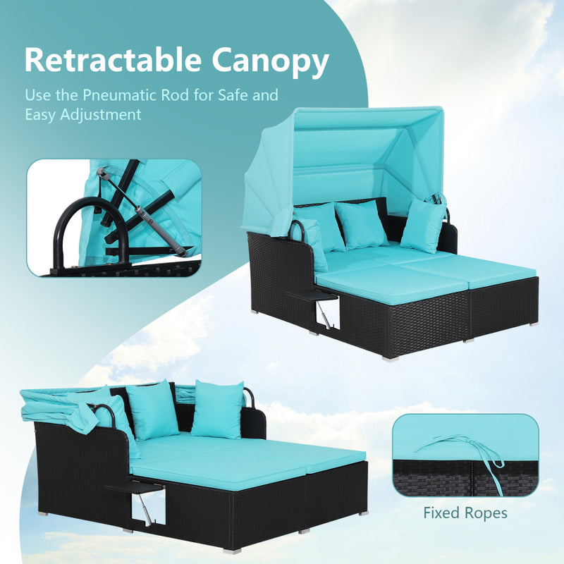 Costway - Patio Rattan Daybed with Retractable Canopy and Side Tables-Turquoise