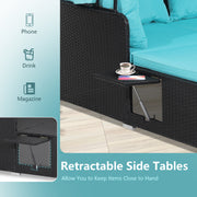 Costway - Patio Rattan Daybed with Retractable Canopy and Side Tables-Turquoise