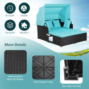 Costway - Patio Rattan Daybed with Retractable Canopy and Side Tables-Turquoise