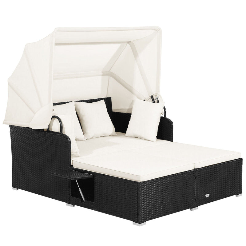 Costway - Patio Rattan Daybed with Retractable Canopy and Side Tables-Off White
