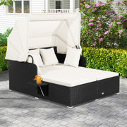 Costway - Patio Rattan Daybed with Retractable Canopy and Side Tables-Off White