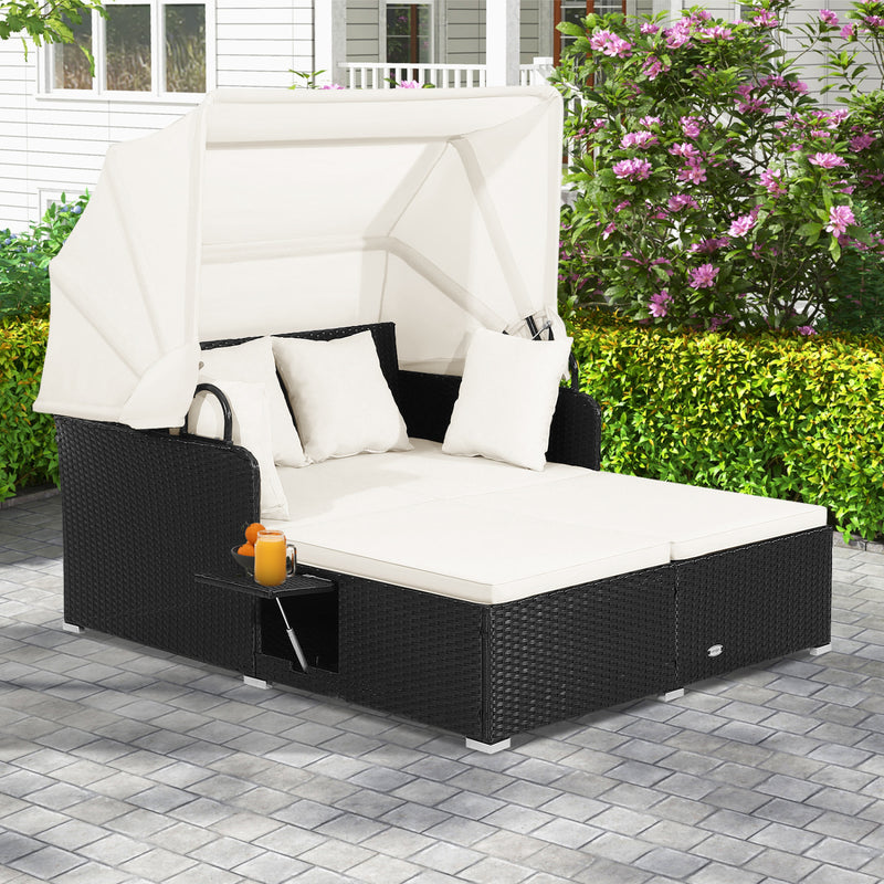 Costway - Patio Rattan Daybed with Retractable Canopy and Side Tables-Off White