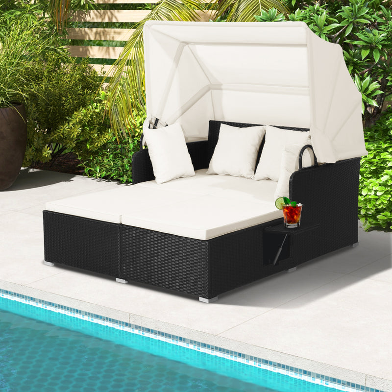 Costway - Patio Rattan Daybed with Retractable Canopy and Side Tables-Off White