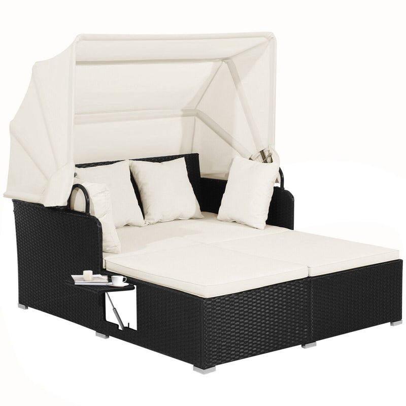 Costway - Patio Rattan Daybed with Retractable Canopy and Side Tables-Off White