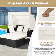 Costway - Patio Rattan Daybed with Retractable Canopy and Side Tables-Off White
