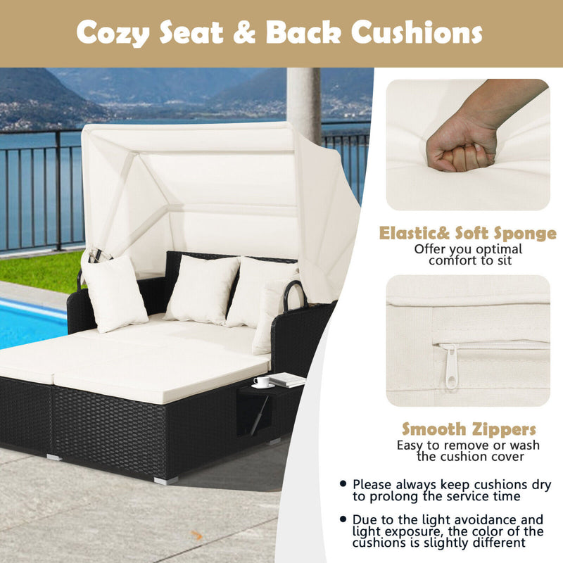Costway - Patio Rattan Daybed with Retractable Canopy and Side Tables-Off White