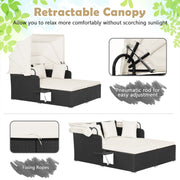 Costway - Patio Rattan Daybed with Retractable Canopy and Side Tables-Off White