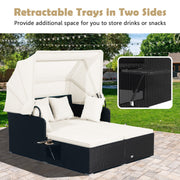 Costway - Patio Rattan Daybed with Retractable Canopy and Side Tables-Off White