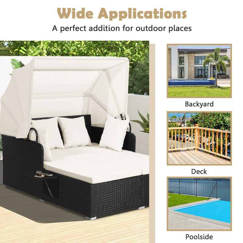 Costway - Patio Rattan Daybed with Retractable Canopy and Side Tables-Off White