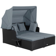 Costway - Patio Rattan Daybed with Retractable Canopy and Side Tables-Gray