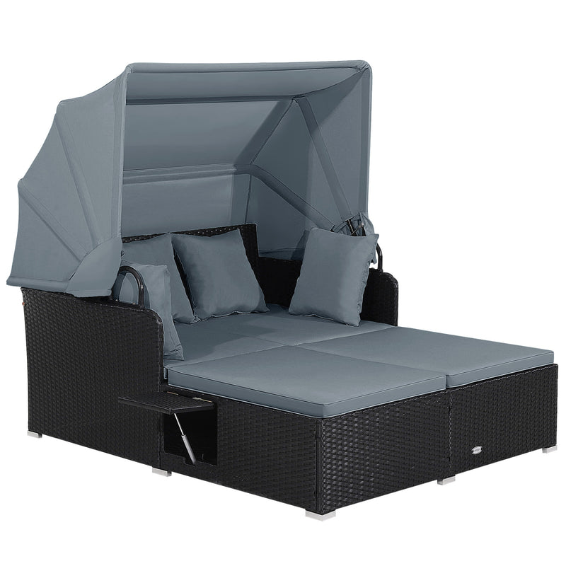 Costway - Patio Rattan Daybed with Retractable Canopy and Side Tables-Gray