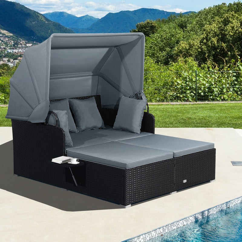 Costway - Patio Rattan Daybed with Retractable Canopy and Side Tables-Gray