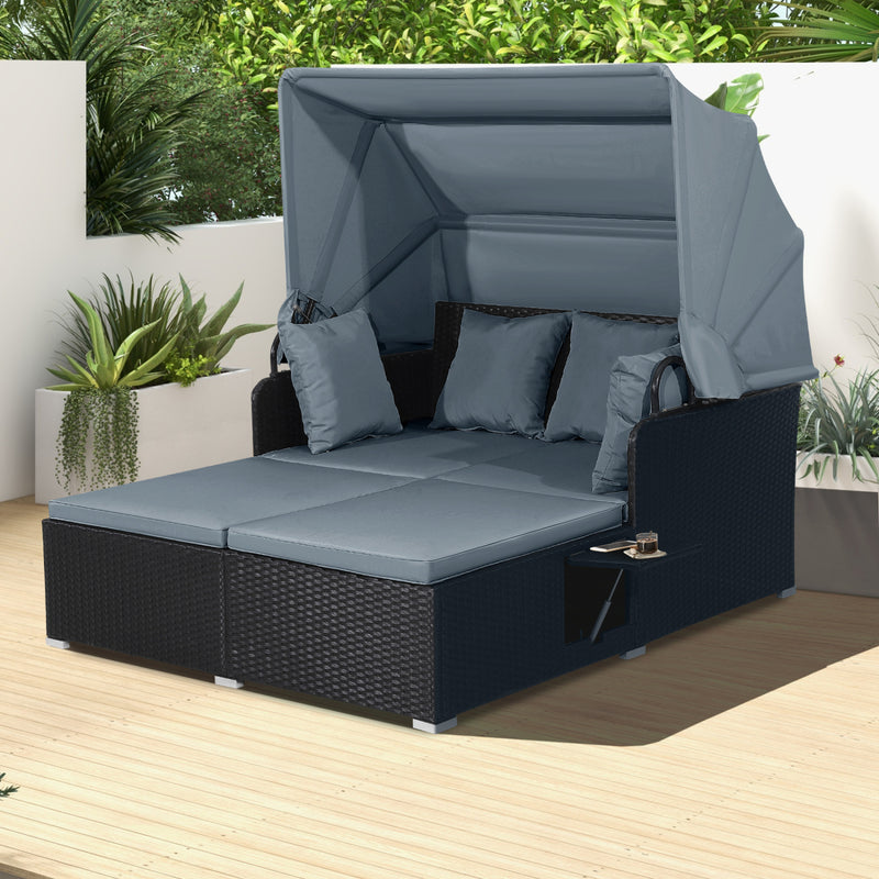 Costway - Patio Rattan Daybed with Retractable Canopy and Side Tables-Gray