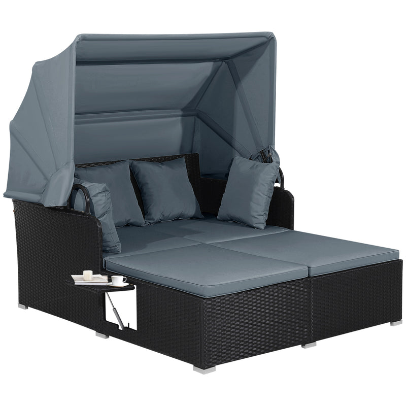 Costway - Patio Rattan Daybed with Retractable Canopy and Side Tables-Gray