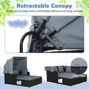 Costway - Patio Rattan Daybed with Retractable Canopy and Side Tables-Gray