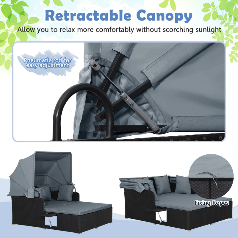 Costway - Patio Rattan Daybed with Retractable Canopy and Side Tables-Gray