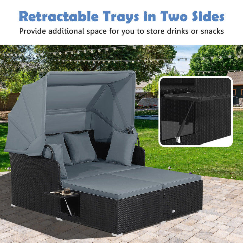 Costway - Patio Rattan Daybed with Retractable Canopy and Side Tables-Gray