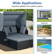 Costway - Patio Rattan Daybed with Retractable Canopy and Side Tables-Gray
