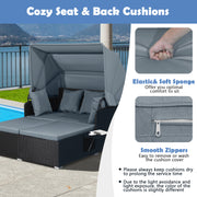 Costway - Patio Rattan Daybed with Retractable Canopy and Side Tables-Gray