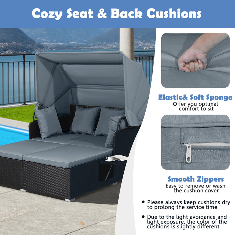 Costway - Patio Rattan Daybed with Retractable Canopy and Side Tables-Gray